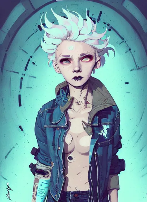 Image similar to highly detailed portrait of a sewer punk lady student, blue eyes, denim jacket, white hair by atey ghailan, by greg rutkowski, by greg tocchini, by james gilleard, by joe fenton, by kaethe butcher, gradient blue, black, brown and cyan color scheme, grunge aesthetic!!! ( ( graffiti tag wall background ) )