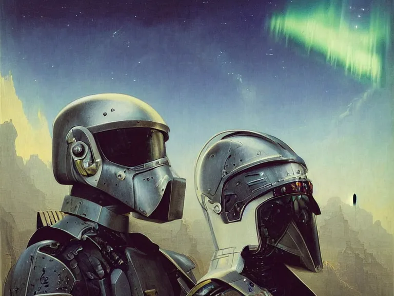 Image similar to a detailed profile painting of a bounty hunter in armour and visor, cinematic sci-fi poster. Spaceship high in the background. Flight suit, anatomy portrait symmetrical and science fiction theme with lightning, aurora lighting clouds and stars. Clean and minimal design by beksinski carl spitzweg and tuomas korpi. baroque elements. baroque element. intricate artwork by caravaggio. Oil painting. Trending on artstation. 8k