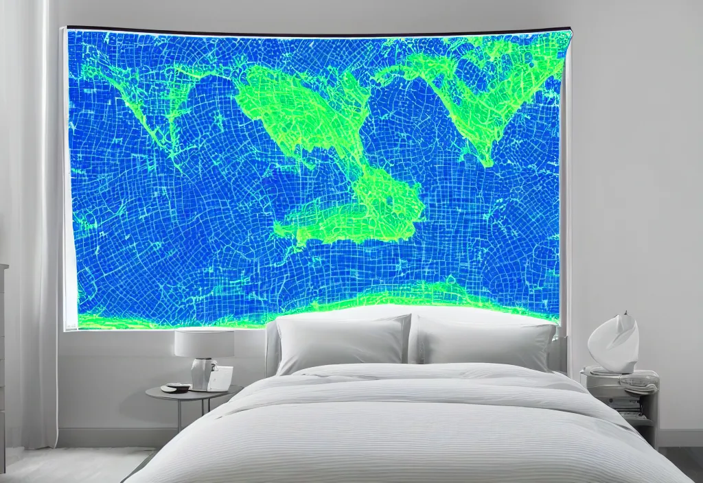 Image similar to curved translucent bedsheets projecting detailed holographic florida storm weathermap, pixel perfect photograph, high contrast, volumetric lighting, thin glowing lights, bedroom, visor, users, pair of keycards on table