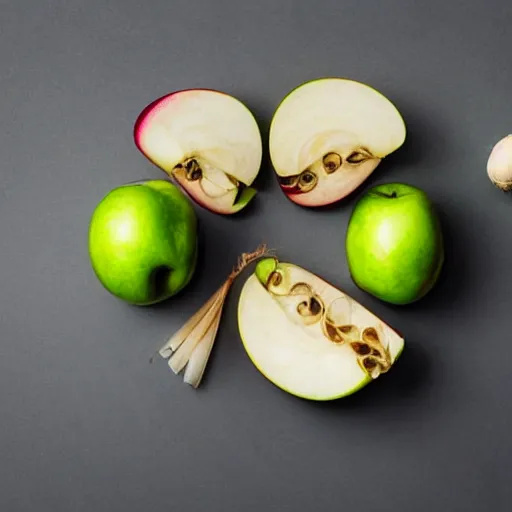 Prompt: pair of scales with one apple in one side and one onion in the other