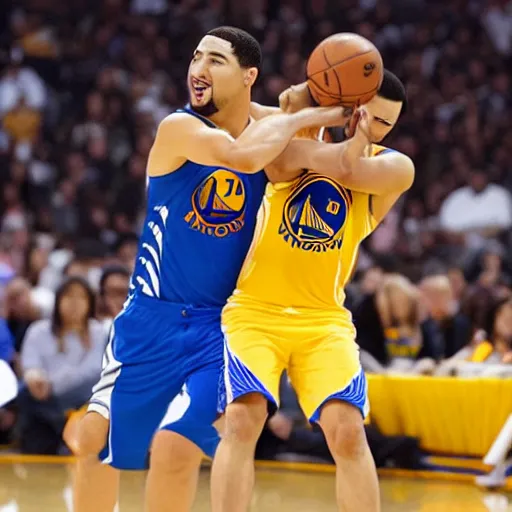 Prompt: Half-black half-asian man playing basketball with klay thompson