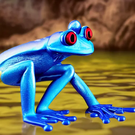 Image similar to cinematic shot of an anthropomorphic blue frog wearing a pink suit of armor aiming an AK-47 knee-deep in a swamp, very intricate, very detailed, depth of field,