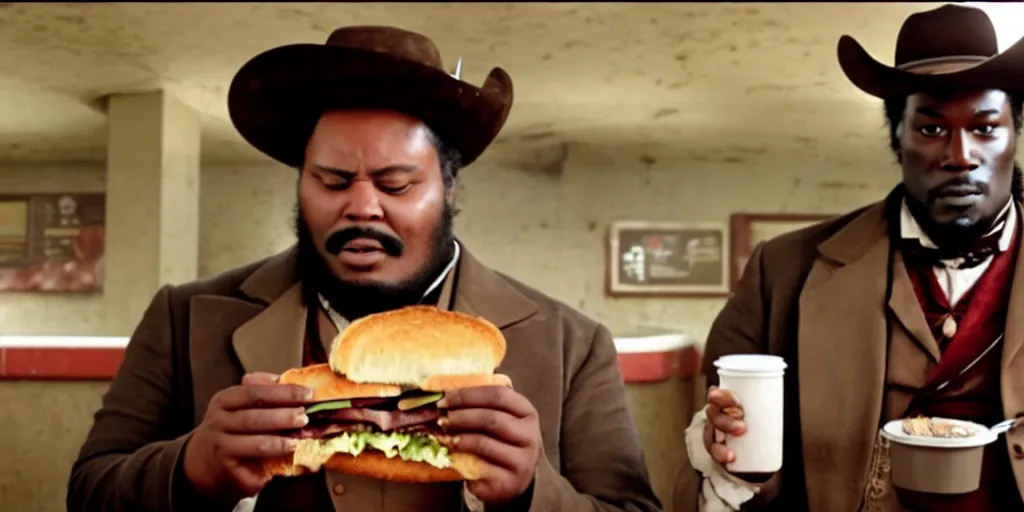 Prompt: fat Django unchained in subway eat sandwich and drink coca cola.