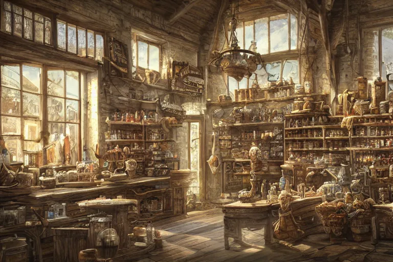 Image similar to A general goods store viewed from the inside, texture, intricate, details, highly detailed, masterpiece, architecture, building, trending on artstation, focus, sharp focus, concept art, digital painting, fantasy, sunny, day, midday, in the style of Dungeons and Dragons