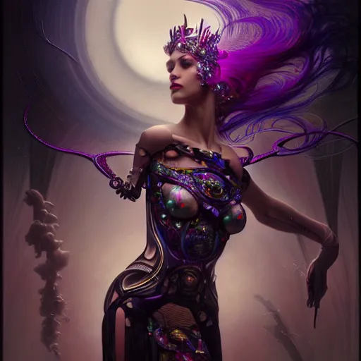 Image similar to extremely psychedelic beautiful cyborg queen of lsd infected by night. intricate, elegant, highly detailed, extremely lifelike photorealistic digital painting, artstation. steichen, gaston bussiere, tom bagshaw, cyberpunk alphonse mucha. elegant minimalism. anatomically correct. sultry. sharp focus. black. surreal lush hallucination