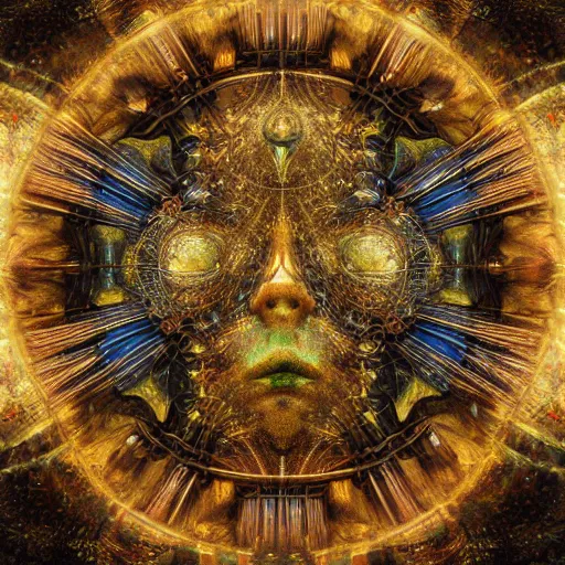 Prompt: Divine Chaos Engine by Karol Bak, Jean Deville, Gustav Klimt, and Vincent Van Gogh, celestial, visionary, sacred, fractal structures, ornate realistic gilded medieval icon, spirals, octane render