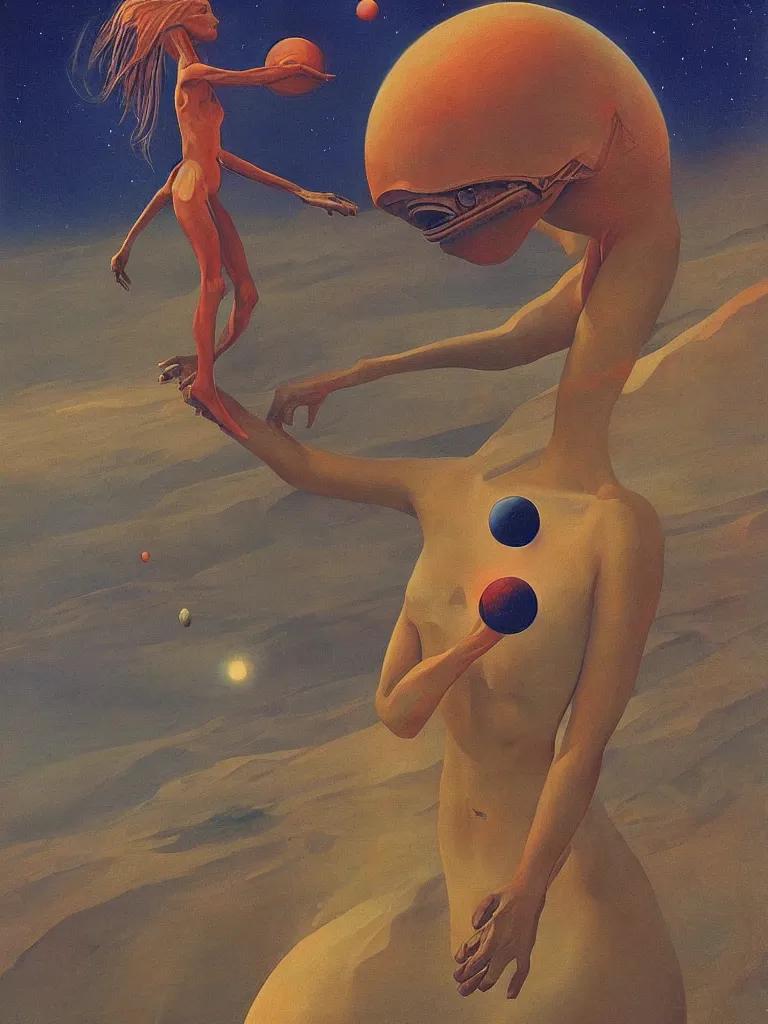 Image similar to alien wearing astronout suit and catch a planet on her hand edward hopper and james gilleard, zdzislaw beksinski highly detailed