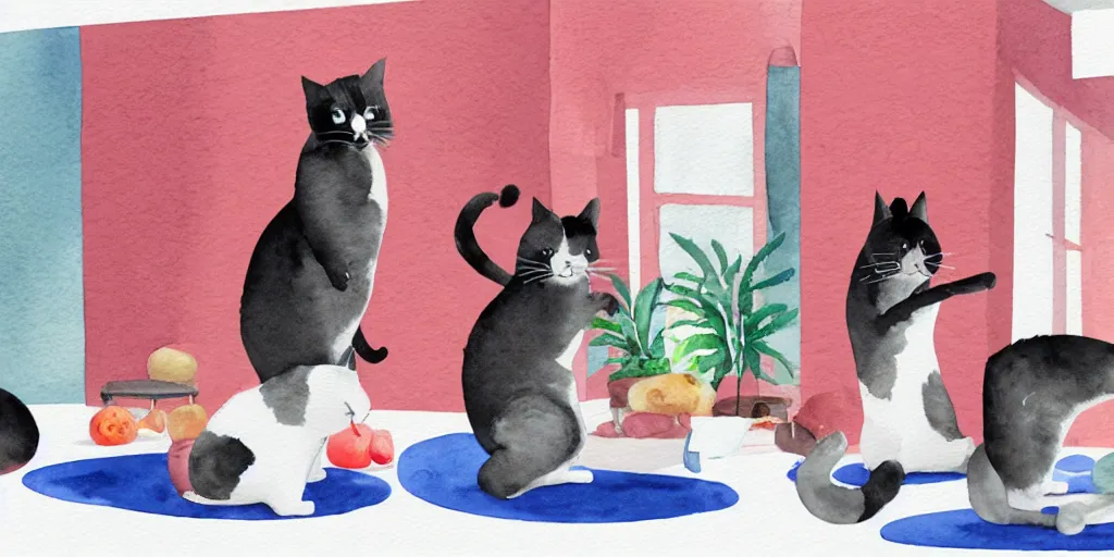 Prompt: watercolor illustration style, cute cats training in the fitness studio environment