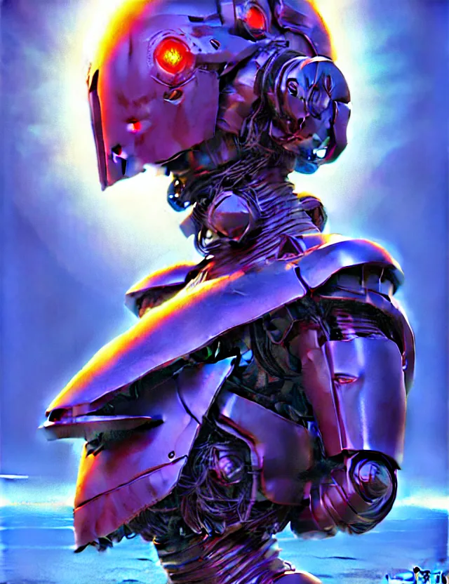 Prompt: holy young female battle robot, award winning, portrait bust symmetry, faded tetrachromacy colors arctic background tim hildebrandt wayne barlowe bruce pennington donato giancola larry elmore masterpiece trending on artstation cinematic composition beautiful lighting hyper detailed!!! 8 k oil on canvas