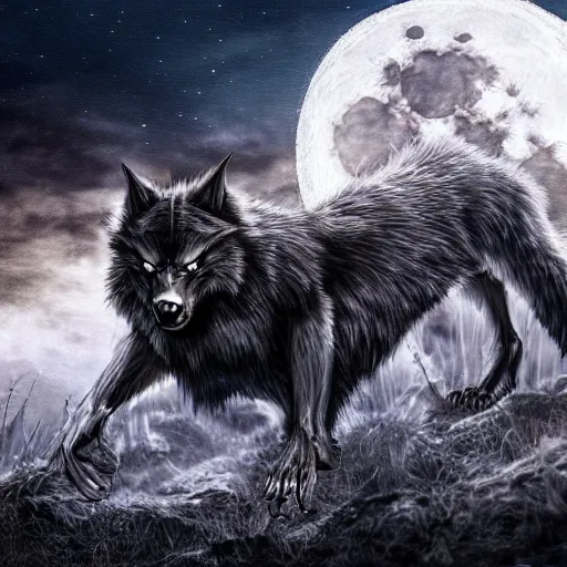 Prompt: male werewolf transformation at night with black realistic fur, under the moon, ultra detail, anime style, 8 k