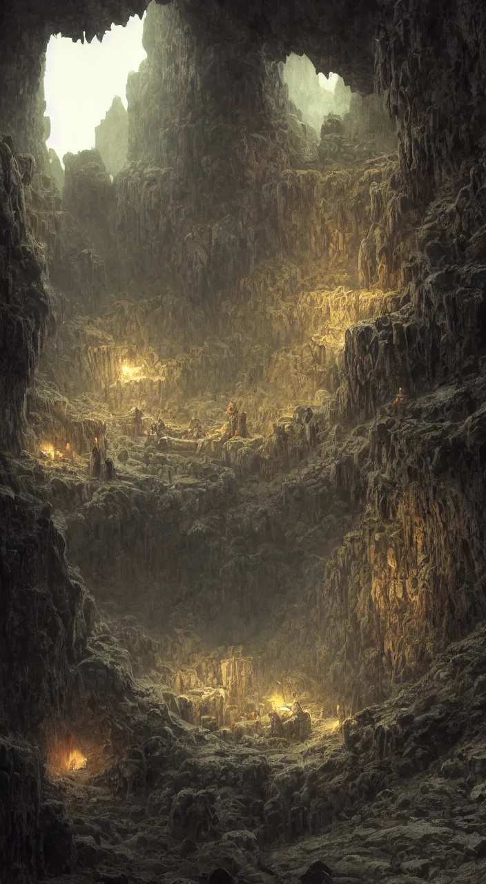 Prompt: five medieval explorers inside an enormous abandoned dwarven city cavern, a gigantic troll in the distance, dark atmosphere, complementary colors, high details, 8 k matte painting, cinematic lighting, artstation, rule of thirds, by gustave dore, by chris cold, by vladimir manyukhin, by alphonse mucha, in the style of dungeons and dragons, octane render