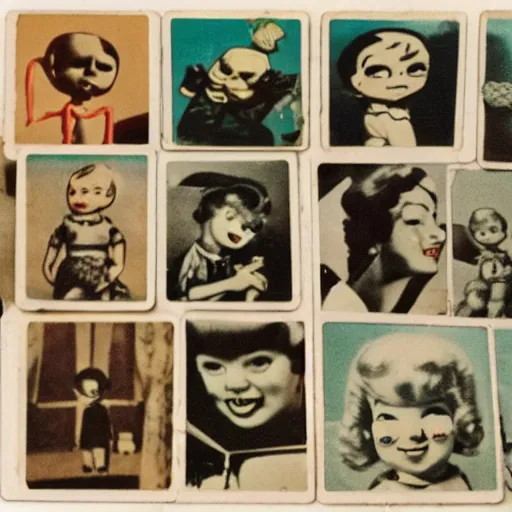 Prompt: 1 9 5 0 s, evil children toys on strings, coming to life, doll phobia, horror, jump scare, pov, polaroid,