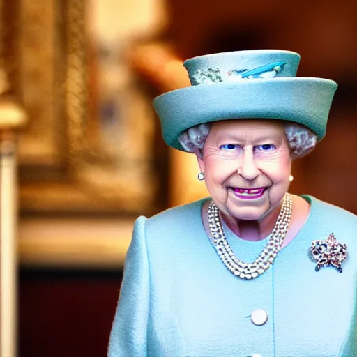 Image similar to a fisheye lens photo of her majesty the queen