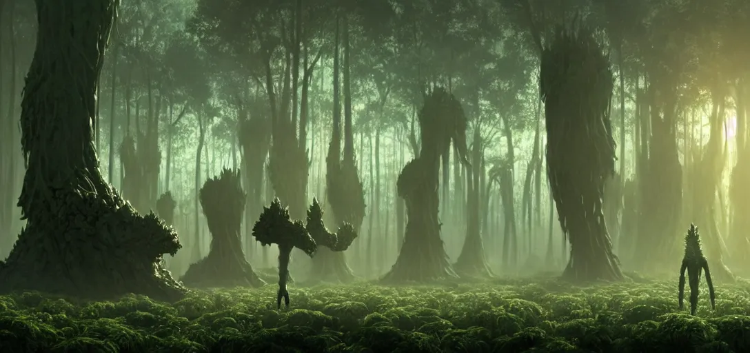 Prompt: a complex organic fractal 3 d metallic symbiotic ceramic humanoid megastructure creature in a swampy lush forest, foggy, sun rays, cinematic shot, photo still from movie by denis villeneuve, wayne barlowe