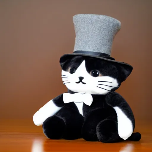 Prompt: a plushie of a cat in a top hat, sanrio toys, famous stuffed animals, ty.com, plush toys, high detail, cute, photograph on a bed uhd 4k, rtx on