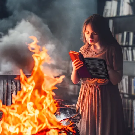 Prompt: a young woman studies in a burning library with large flames, photography, movie still, dslr 5 5 mm, 4 k
