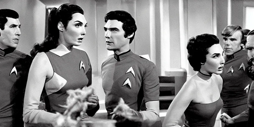 Image similar to a scene from Trouble with Tribbles!!! an episode of the original Star Trek series, with Gal Gadot, in Starfleet uniform, in the role of Captain Kirk