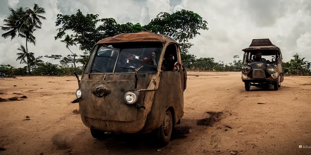 Image similar to sri lankan mad max style, tuk tuk, film still, epic shot cinematography, rule of thirds