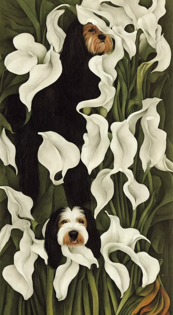 Prompt: portrait of a havanese dog with calla lillies, mexico, painting # by diego rivera 1 9 3 5