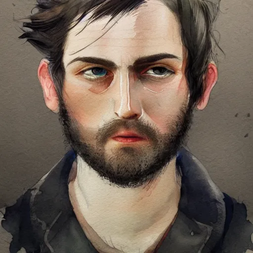 Image similar to Portrait of a handsome man with mutton chops, pale face, run down, sleepy, baggy eyes, watercolor, brushstrokes, high detail, artstation