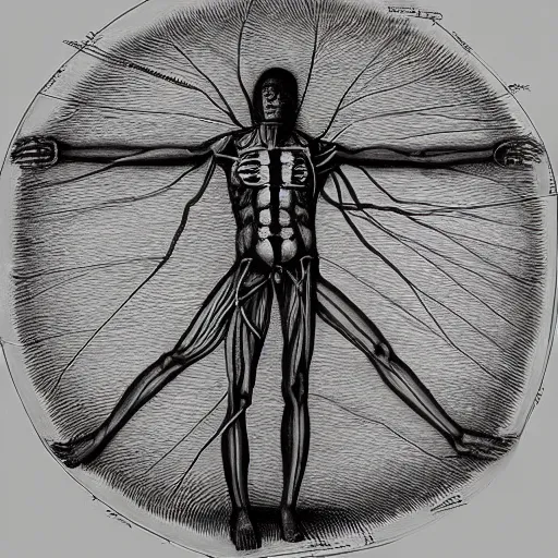Prompt: The Vitruvian Man revisited by Giger