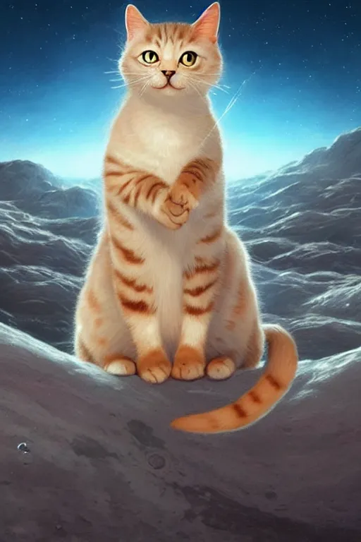 Image similar to Kawaii Cat on the moon with a view of the earth in the background, elegant, digital painting, highly detailed, artstation, concept art, smooth, sharp focus, illustration, art by artgerm and greg rutkowski.