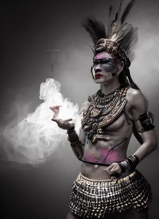 Image similar to a Photorealistic dramatic hyper realistic render of a glamorous Maya warrior smoke by Ken Brower and Deborah Ory, Lois Greenfield, Beautiful dynamic dramatic dark moody lighting, volumetric, shadows, cinematic atmosphere, Octane render,8K