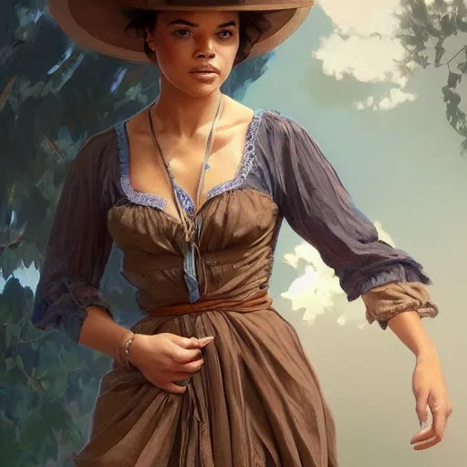 Image similar to full figure ultra realistic illustration, tessa thompson wearing a maiden blue dress, brown flowy hair, old west, intricate, elegant, highly detailed, digital painting, artstation, concept art, smooth, sharp focus, illustration, art by artgerm and greg rutkowski and alphonse mucha