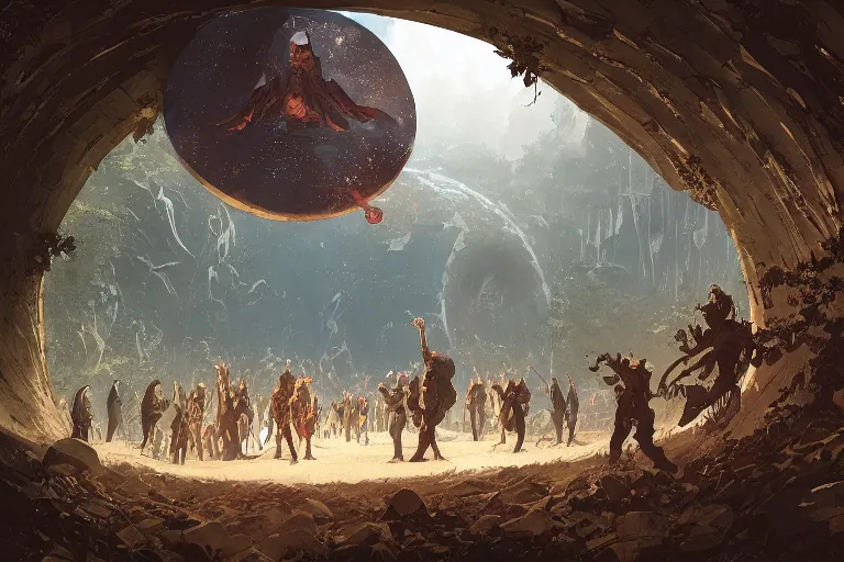 Image similar to a rally of people below a circular portal, by greg rutkowski and frank frazetta and peter mohrbacher and william blake and dan mumford