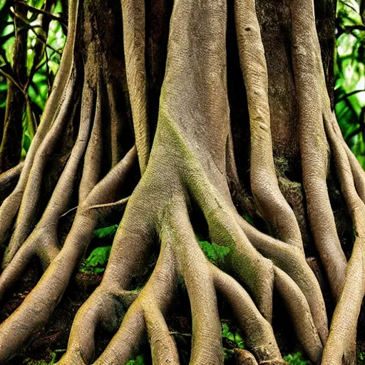 Prompt: close up of a strangler fig tree with mutant likens growing on its bark. In the background a lush, dense forest, volumetric dusk light filtering from above. Eerie but serene, photorealistic, 8k