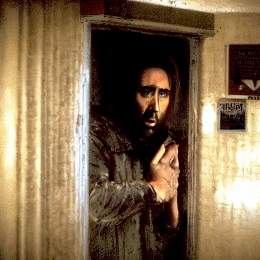 Image similar to nicolas cage hiding behind a corner in silent hill