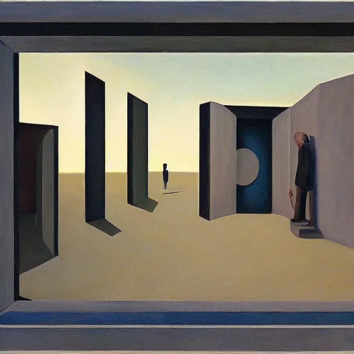 Image similar to first person view of a stark concrete maze, people peering into portholes, grant wood, pj crook, edward hopper, oil on canvas