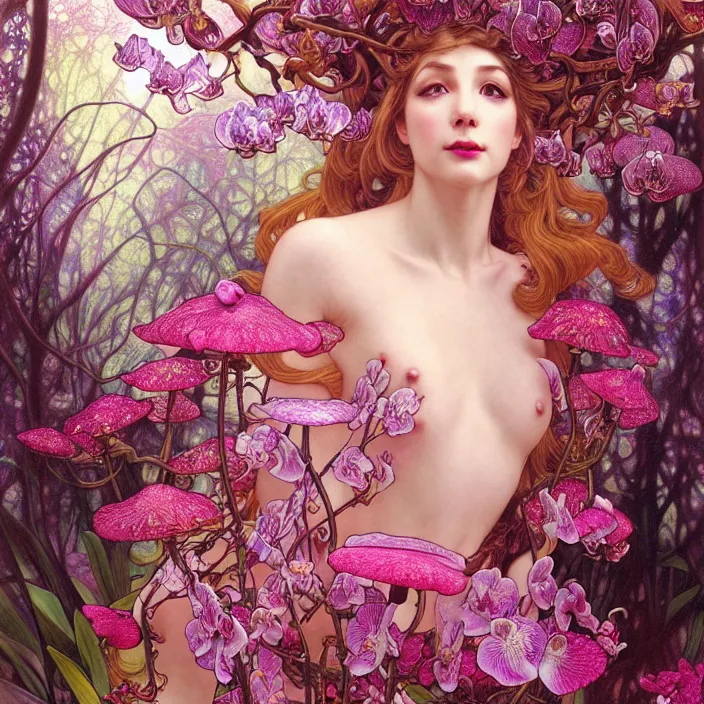 Image similar to psychedelic, orchid, cherry blossom tree, mushrooms, diffuse lighting, fantasy, intricate, elegant, highly detailed, lifelike, photorealistic, digital painting, artstation, illustration, concept art, smooth, sharp focus, art by John Collier and Albert Aublet and Krenz Cushart and Artem Demura and Alphonse Mucha and Giuseppe Arcimboldo