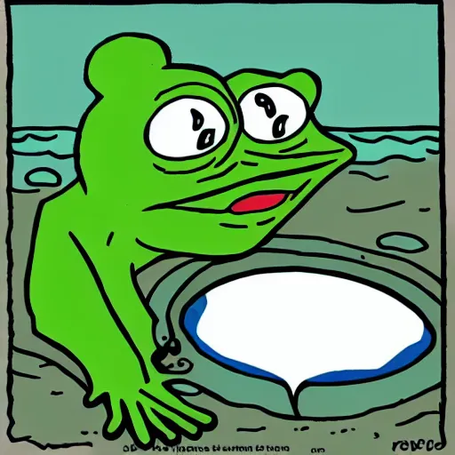 Prompt: pepe the frog peeing into an ocean of pee