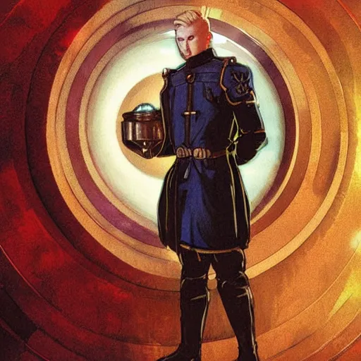 Image similar to uncannily beautiful blonde man, genetically perfect, with distant expression and piercing blue eyes, wearing fascist Byzantine police uniform and standing in ancient bronze arcology airlock, science fiction concept art by Anato Finnstark, Alphonse Mucha, and Greg Rutkowski