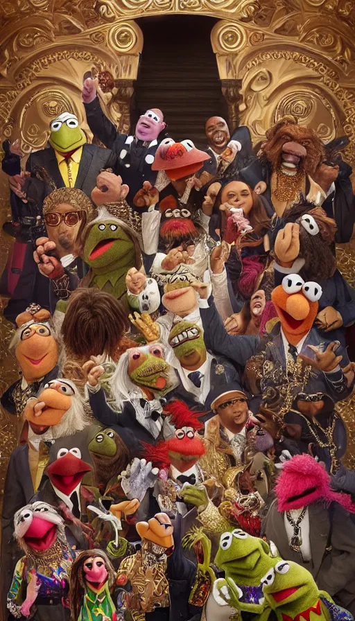 Image similar to the muppets are are gangsta rappers on stage at a concert, dressed in ornate hip hop clothing and wearing gold necklaces and bling, intricate, highly detailed, digital painting, artstation, symmetrical, concept art, smooth, sharp focus, illustration, unreal engine 5, 8 k, art by artgerm and greg rutkowski and alphonse mucha