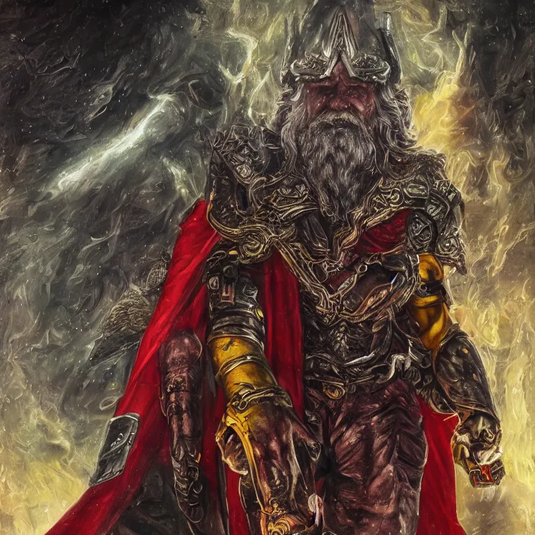 Image similar to mythological Odin all father, with dark red cape, god of thunder and artificial intelligence creating an artificial neural network with dark yellow synapses on an anvil, high resolution, award winning art, trending on art station, sharp image, incredibly detailed, odin all father detailed character realistic painting, dark background