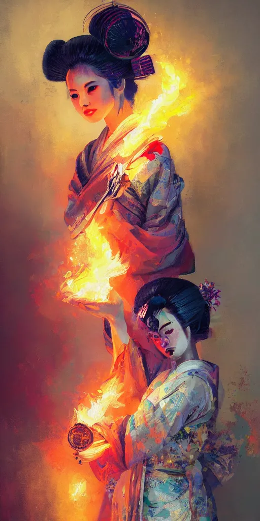 Image similar to female geisha girl holding a colorful flame, beautiful face, colourful, rule of thirds, intricate outfit, spotlight, by greg rutkowski, by jeremy mann, digital painting