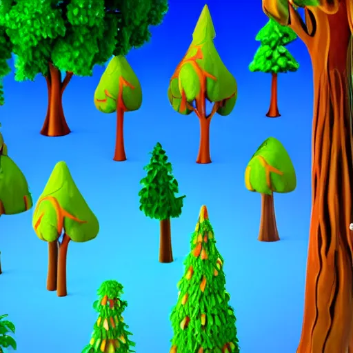 Image similar to forest of many 3 d cartoon trees, all unique, colourful