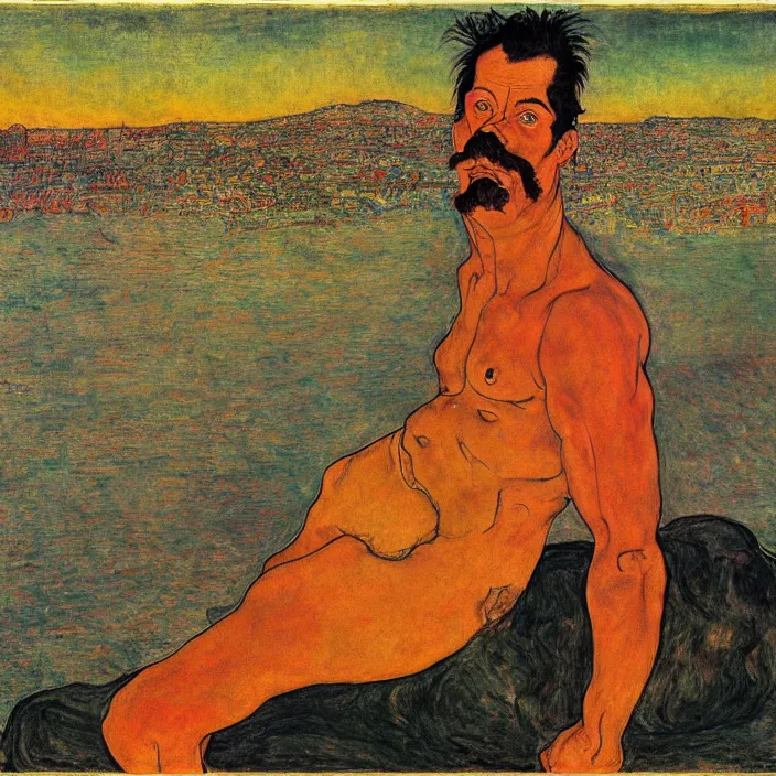 Image similar to fierce man with golden mustache carrying a boulder on his back on a hill, looking at the toxic industrial city with dark smoke and smog. sun setting through the clouds, vivid iridescent colors. munch, egon schiele, henri de toulouse - lautrec, utamaro, monet