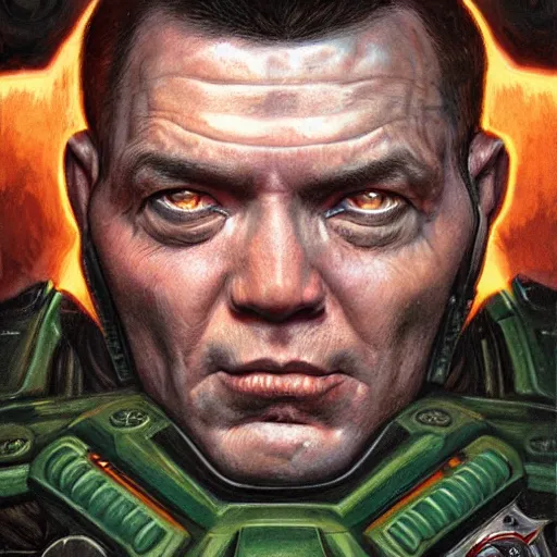 Image similar to The Doomguy, close-up Sci-Fi portrait art by Donato Giancola and James Gurney, digital art, trending on artstation