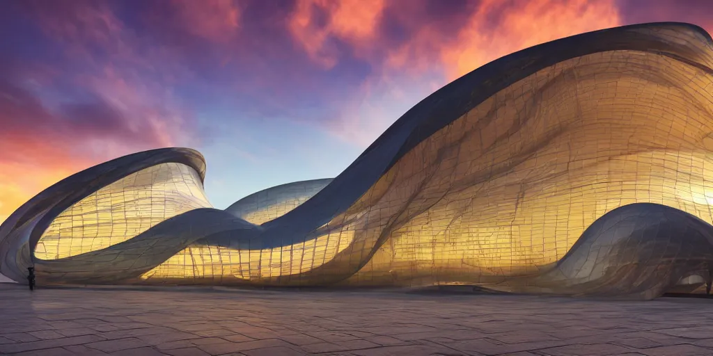 Image similar to extremely detailed awe stunning beautiful futuristic smooth curvilinear museum exterior, translucent gills, stunning volumetric light, stainless steel, concrete, translucent material, beautiful sunset, hyper real, 8k, colorful, 3D cinematic volumetric light, atmospheric light