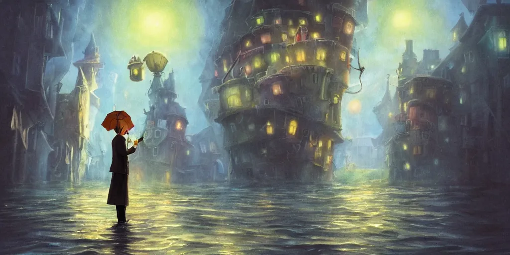 Image similar to a realistic and atmospheric cell - shaded concept art from howl's moving castle ( 2 0 0 4 ) of a multi - colored ufo. a man with an umbrella is standing in a boat in a flooded alleyway. it is a misty starry night. very dull colors, hd, 4 k, hq