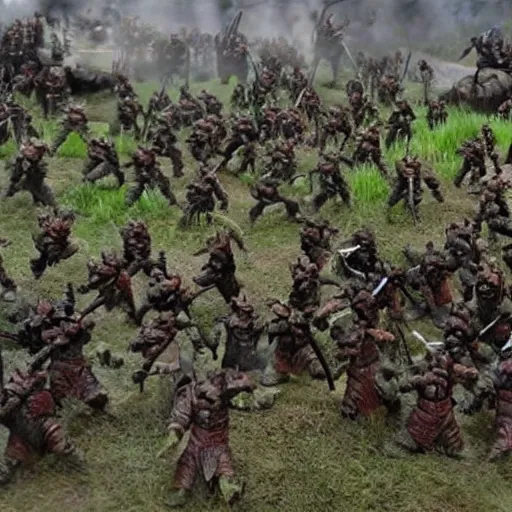 Image similar to an army of orcs on a battlefield, extremely realistic movie scene