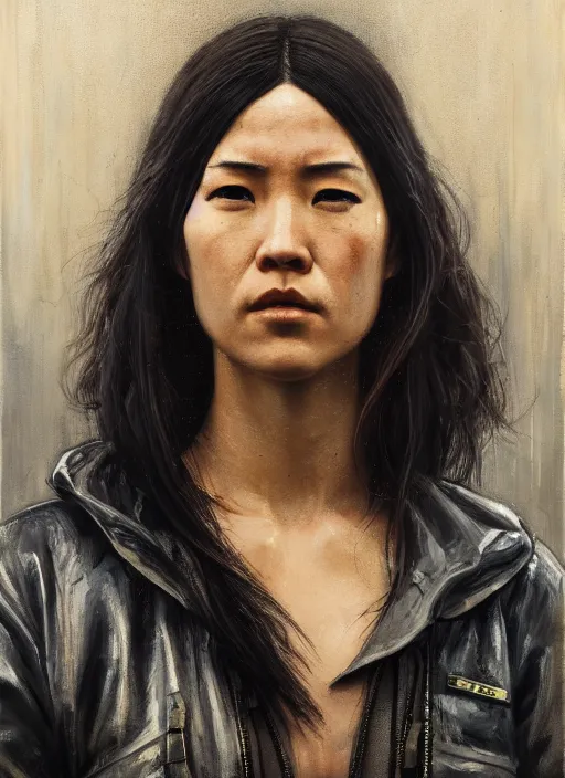 Image similar to Nikki Tanaka. Cyberpunk mechanic in jumpsuit (blade runner 2049, cyberpunk 2077). Orientalist portrait by john william waterhouse and James Gurney and Theodore Ralli and Nasreddine Dinet, oil on canvas. Cinematic, hyper realism, realistic proportions, dramatic lighting, high detail 4k