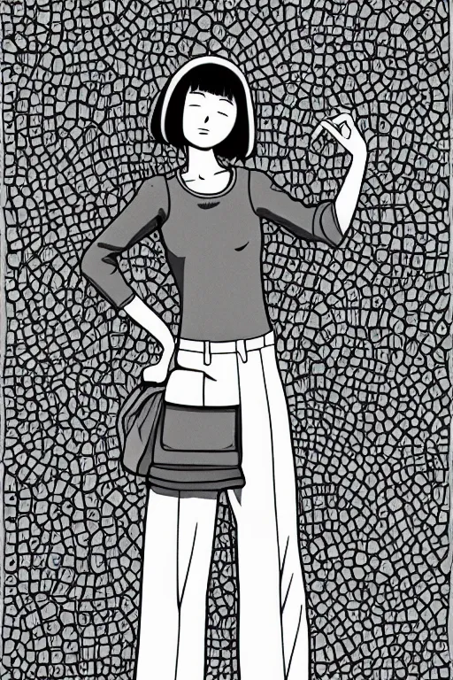 Image similar to portrait of a girl in long pants and a top, hands in pockets, eyes closed, bob haircut, digital art, black and white, lineart by junji ito and kaoru mori