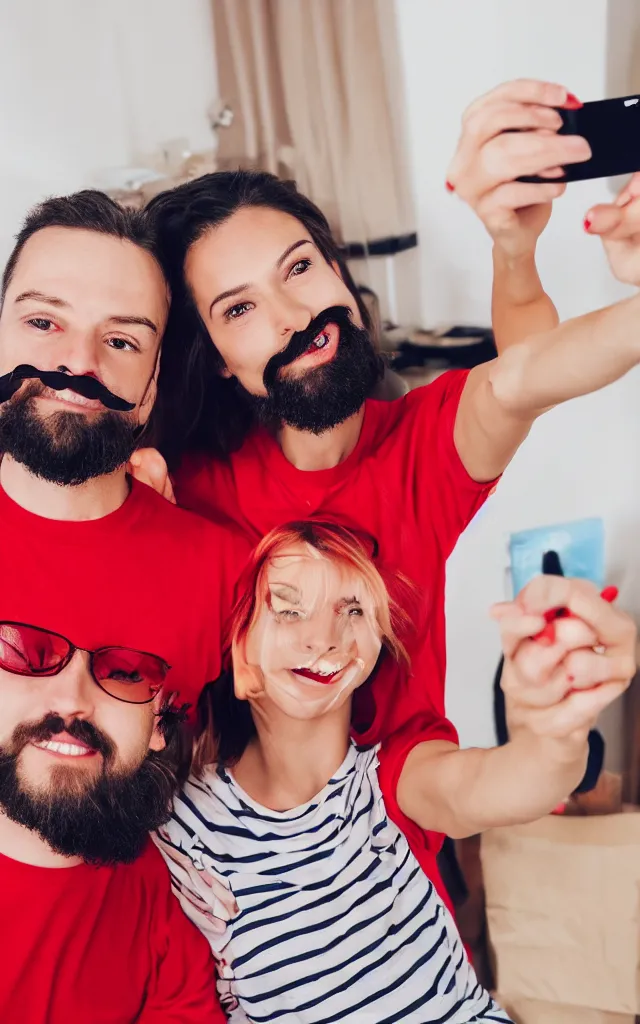 Image similar to Party at the apartment. A guy in a red t-shirt with a mustache and beard smiles in a selfie. Behind is a girl in a striped T-shirt. photo realistic 4k hd