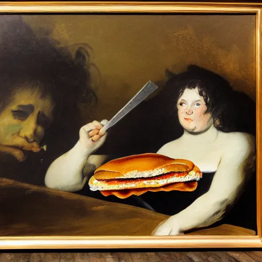 Image similar to wendy devouring a cheeseburger, drawn francisco goya, mixed media mural transferred to canvas