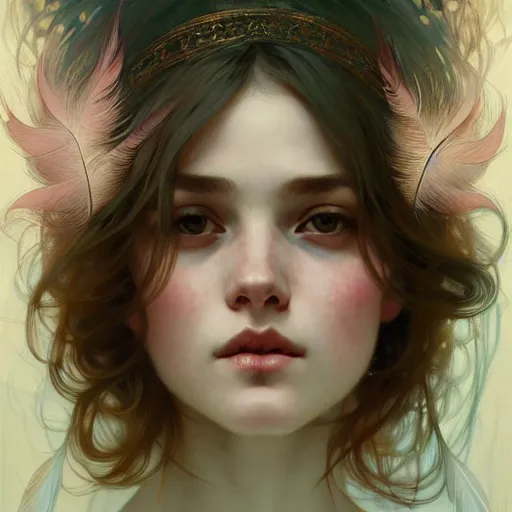 Image similar to A portrait of a girl surrounded by delicate feathers, face, intricate, elegant, highly detailed, digital painting, artstation, concept art, smooth, sharp focus, illustration, art by Krenz Cushart and Artem Demura and alphonse mucha