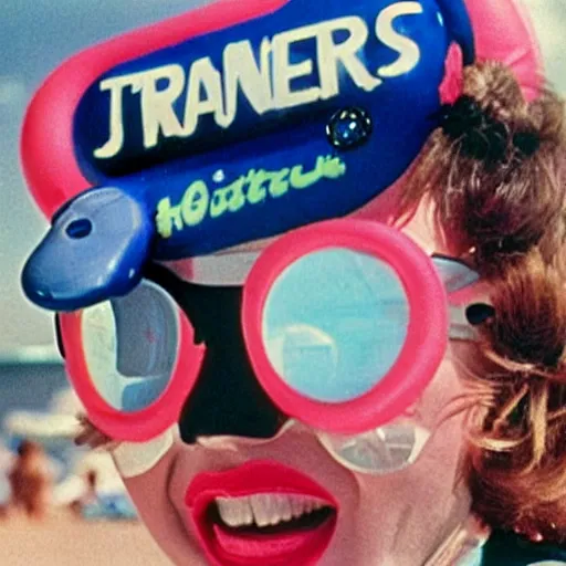 Prompt: 1976 middle aged woman wearing a transluscent inflatable toy head at the seaside 1976 French film archival footage technicolor film expired film 16mm Fellini new wave John Waters